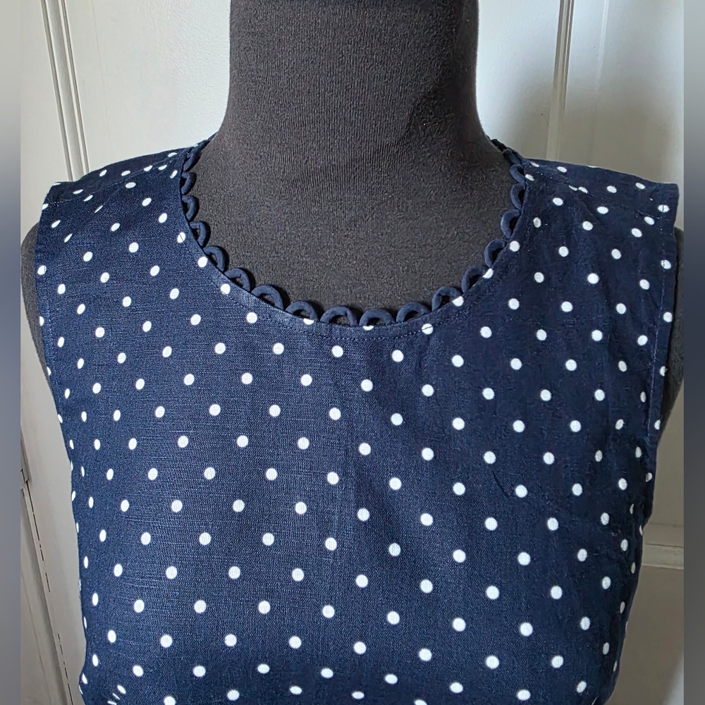 Navy Polka Dot J Crew Linen Top With Scallop Detail